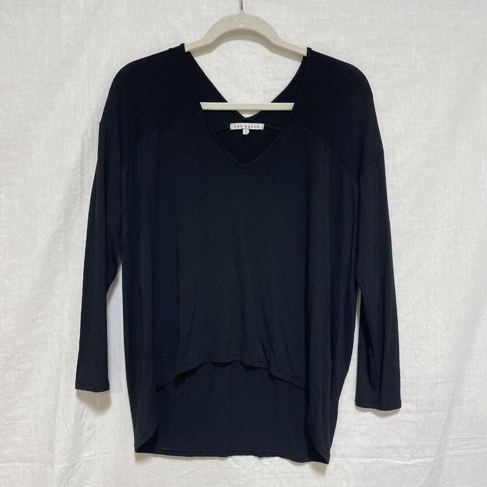 Red Haute Womens Large L Top Tee Shirt Blouse Black 3/4 Sleeves Casual Knit